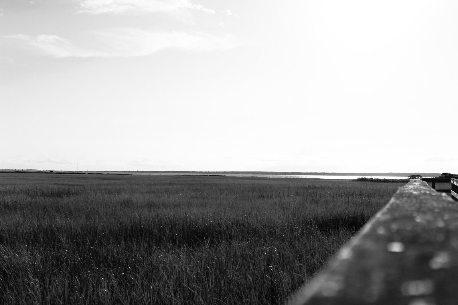 Black-and-white salt marsh stretching to the water beside a weathered boardwalk rail